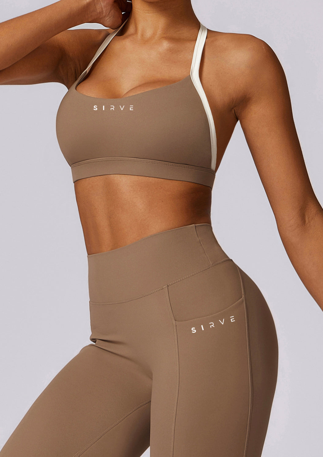 Contrast-Trim Sports Bra Top in Brown