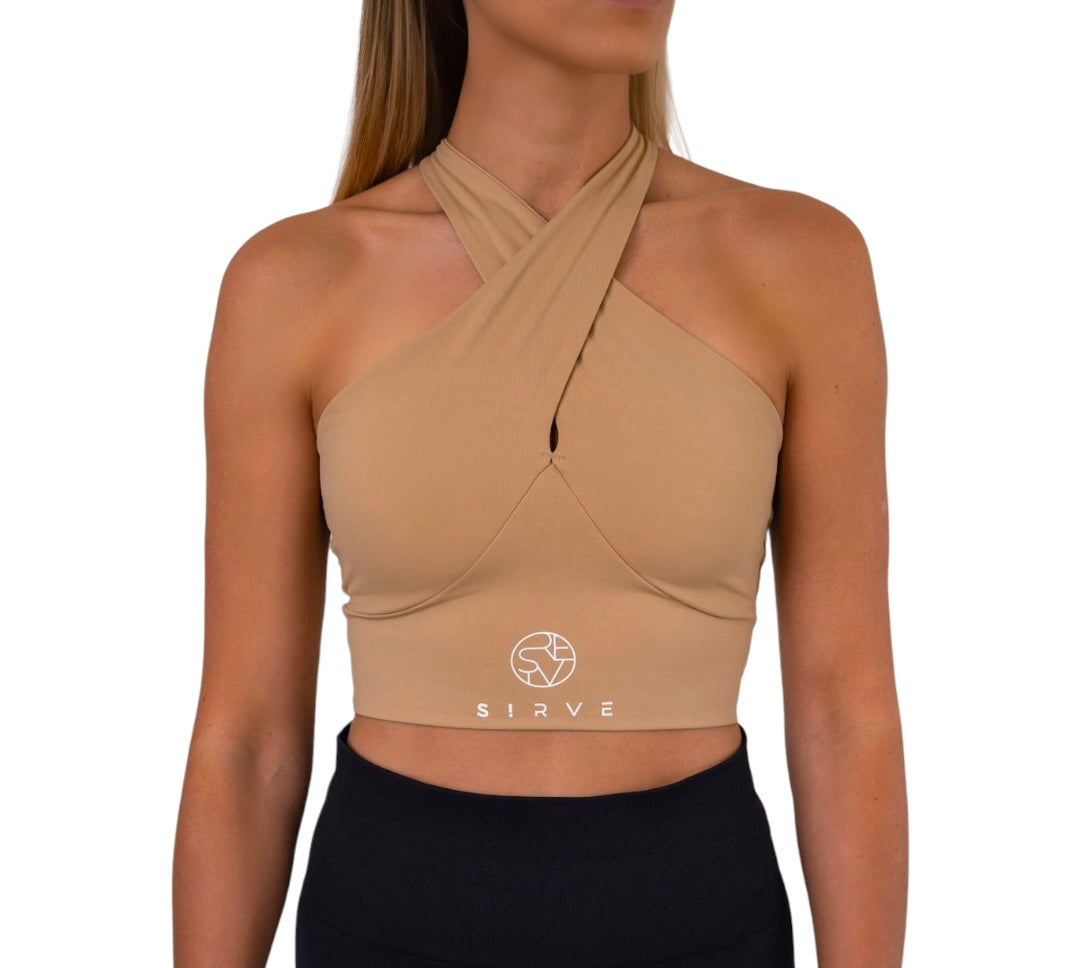 Cross over body top in beige with built in support